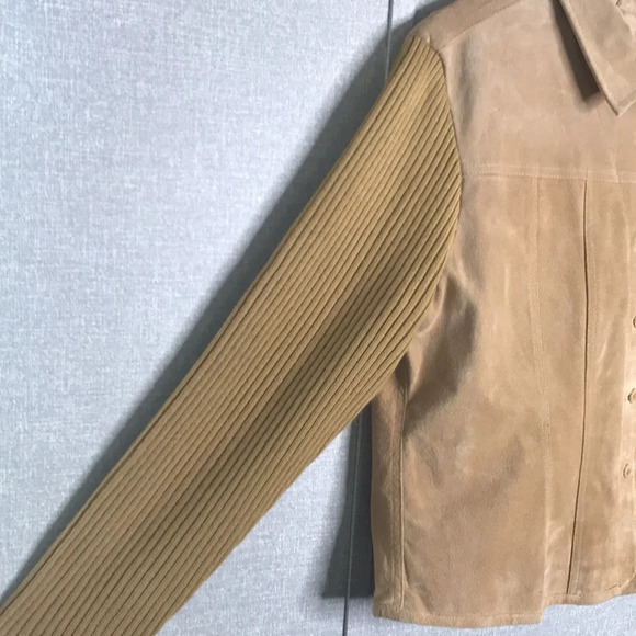 Vintage A.M.I. Alexandre Mattiussi Women’s Tan Leather Suede Jacket Knit Sleeves - Picture 3 of 6